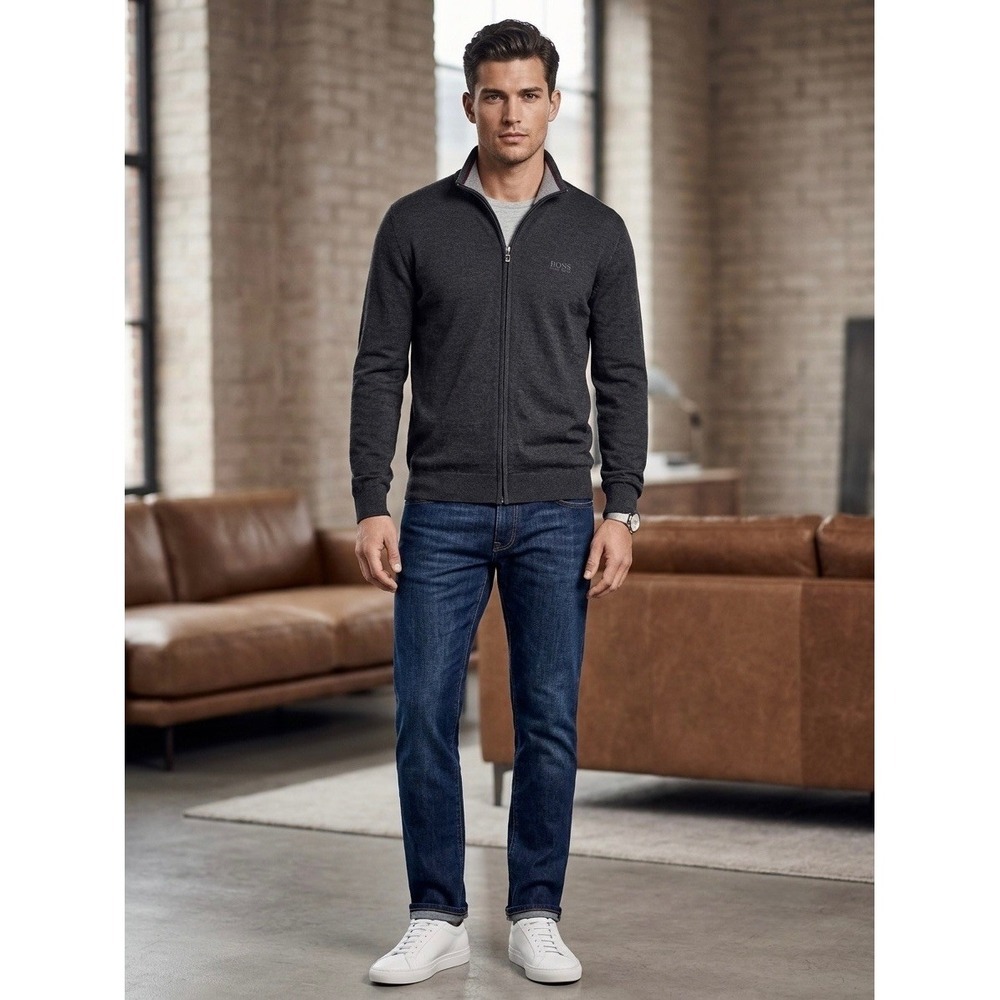Hugo Boss Mens Full Zip Cardigan Sweater Charcoal Gray Cotton Blend Size Large